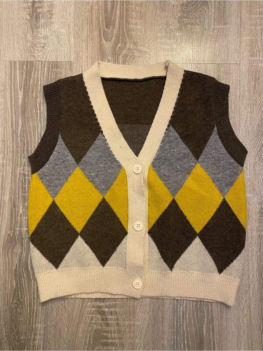 Womens Argyle Knit Button-Front Sweater Vest - Yellow, Gray & Brown